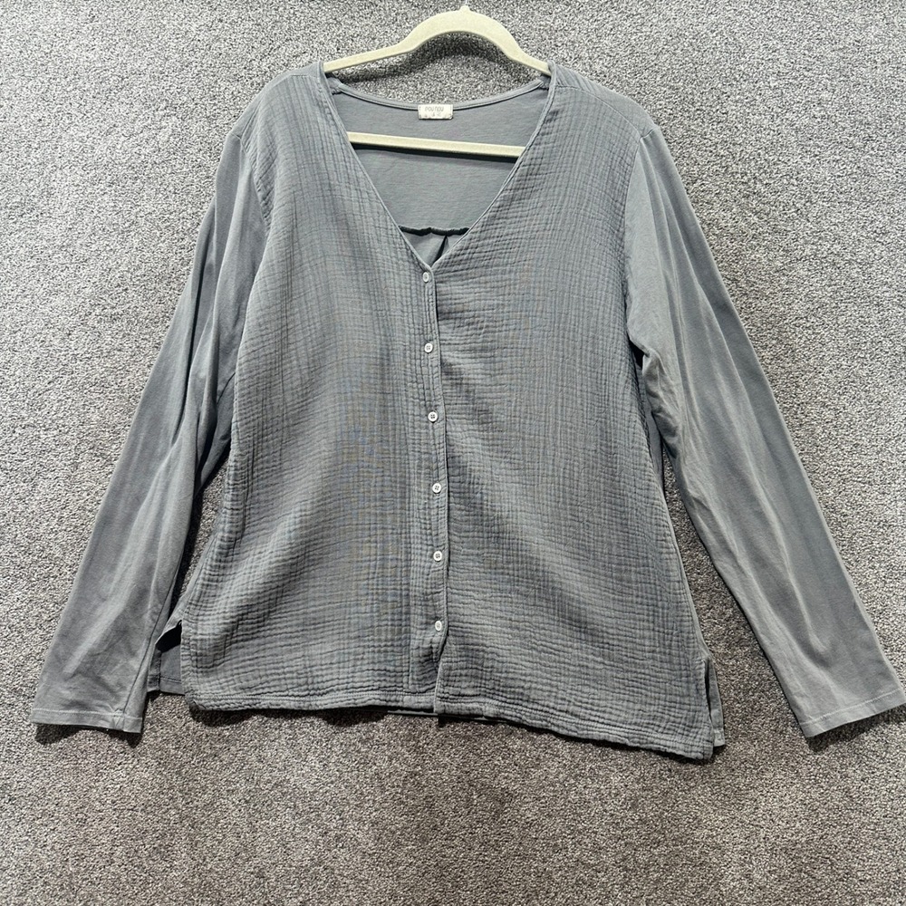 Pou Nou Blouse Top Women Large Gray Organic Cotton Gauze V‎ Neck Button Up